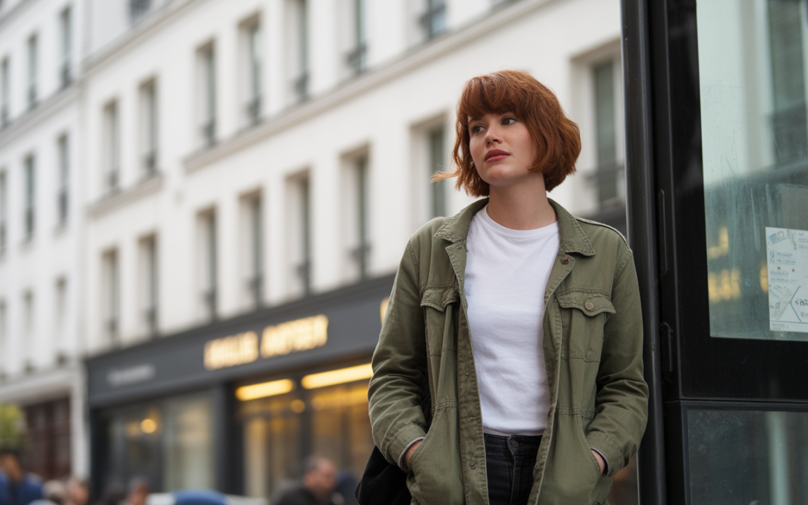Femme aux cheveux roux, vêtue d'une veste olive et t-shirt blanc, se tenant devant un bâtiment en milieu urbain.