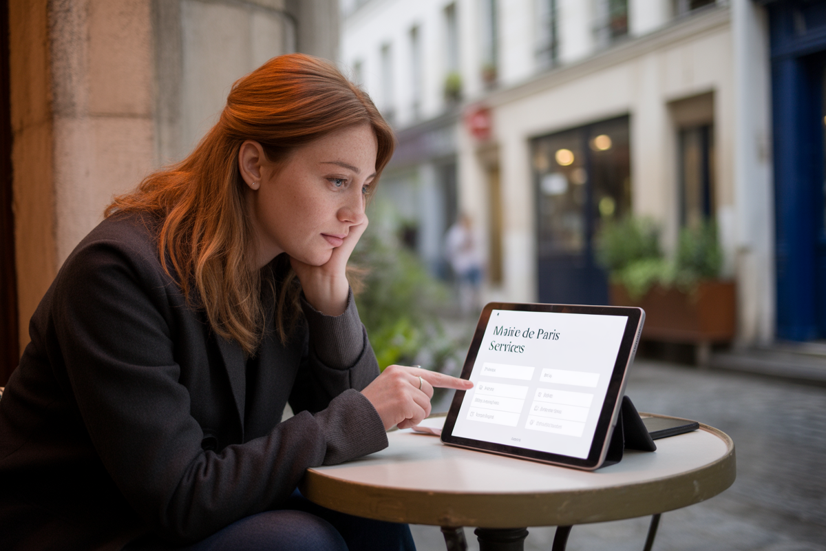Femme aux cheveux châtains, concentrée sur un iPad, devant un café en extérieur, avec des bâtiments en arrière-plan.