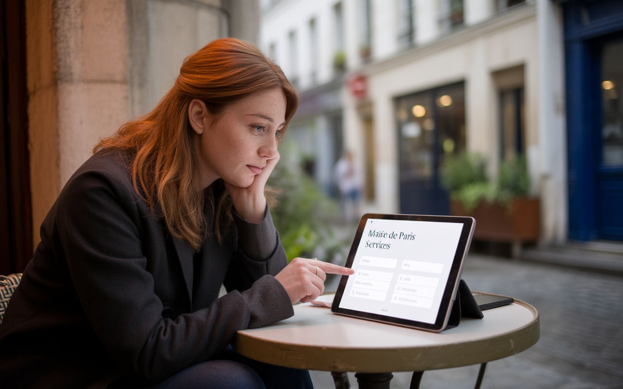 Femme aux cheveux châtains, concentrée sur un iPad, devant un café en extérieur, avec des bâtiments en arrière-plan.