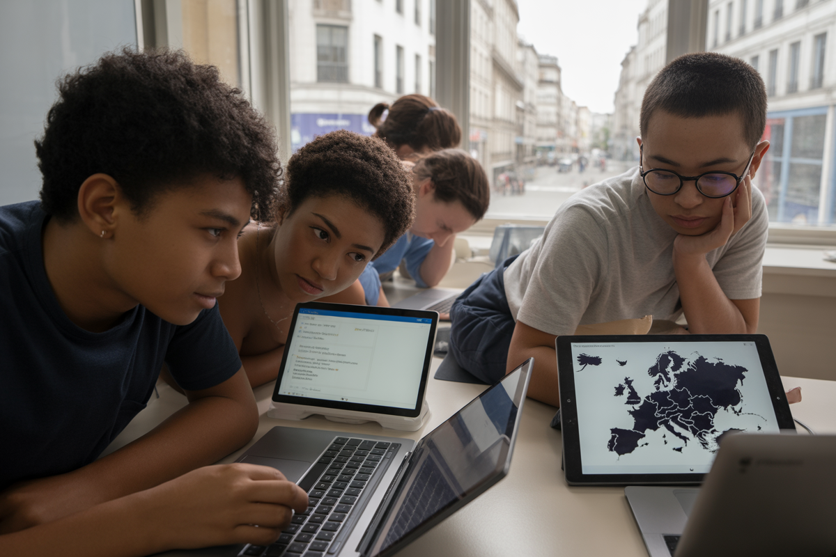 Des jeunes étudiants travaillent sur des ordinateurs dans un espace lumineux, analysant des cartes et des documents sur leurs écrans.