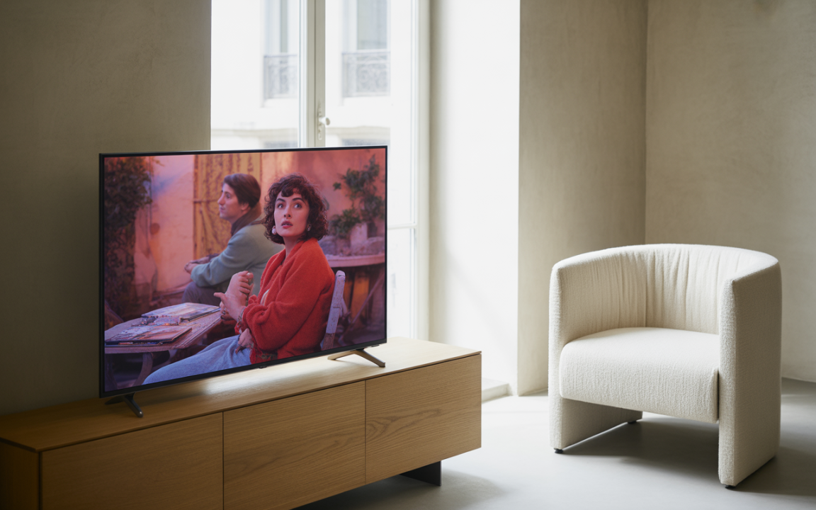 Un salon moderne avec une télévision affichant une scène de film, accompagné d'une chaise ronde blanche et d'une fenêtre lumineuse.