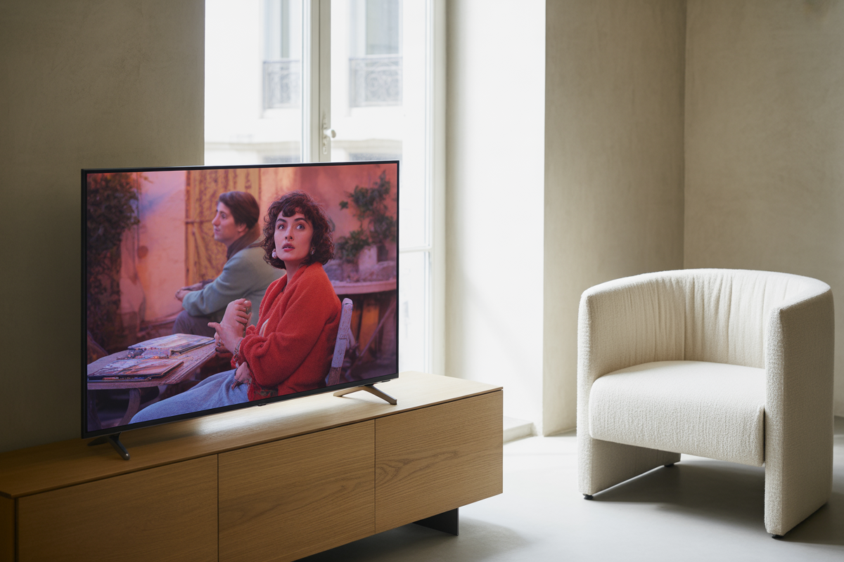 Un salon moderne avec une télévision affichant une scène de film, accompagné d'une chaise ronde blanche et d'une fenêtre lumineuse.