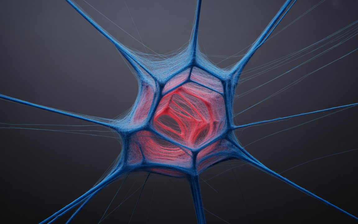 Image d'une structure complexe ressemblant à un réseau, avec des lignes bleues et des zones rouges sur fond sombre.