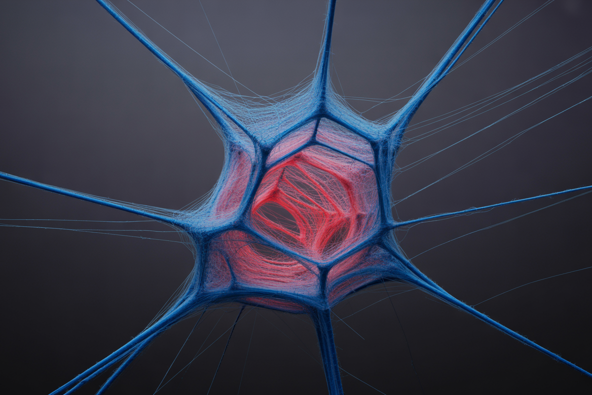 Image d'une structure complexe ressemblant à un réseau, avec des lignes bleues et des zones rouges sur fond sombre.
