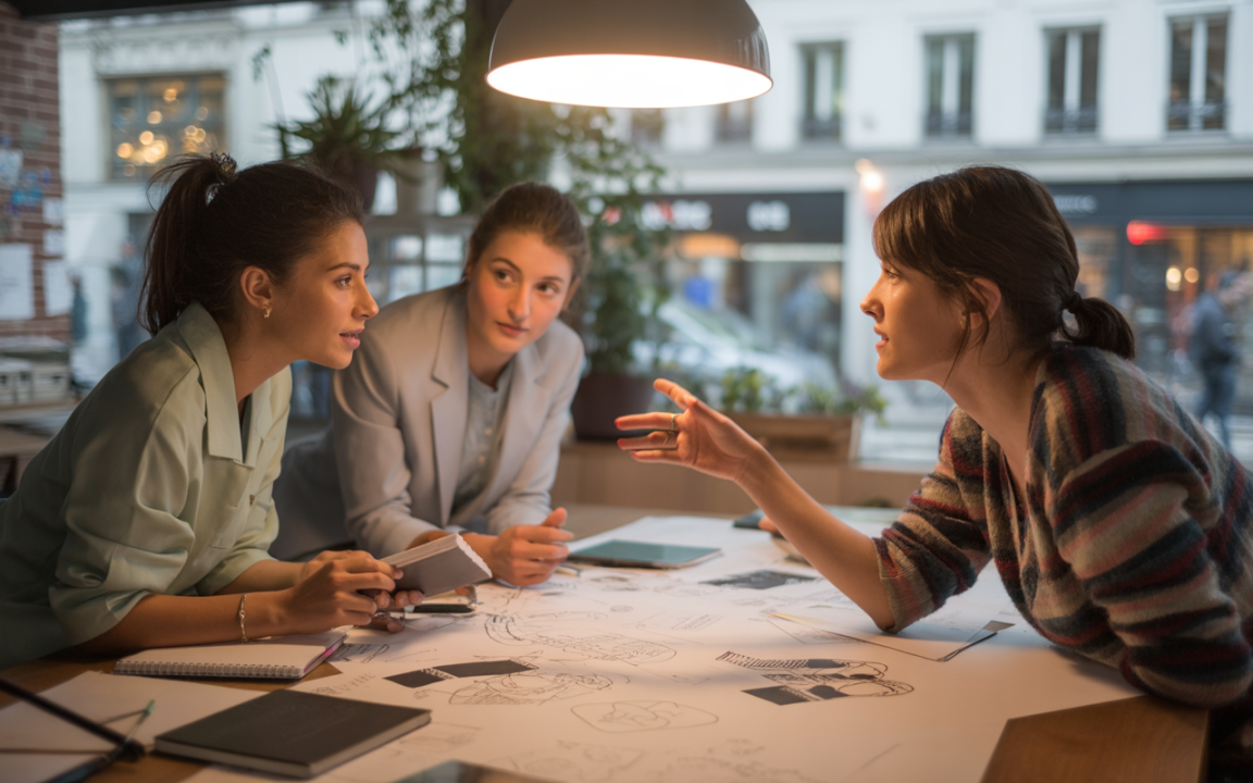 Trois femmes discutent vivement autour d'une table, entourées de croquis et d'idées, dans un espace lumineux et convivial.
