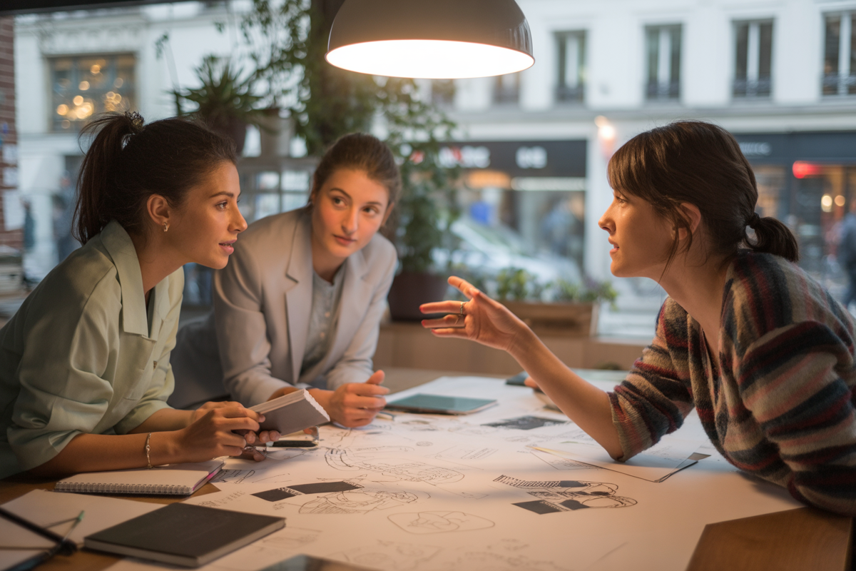 Trois femmes discutent vivement autour d'une table, entourées de croquis et d'idées, dans un espace lumineux et convivial.
