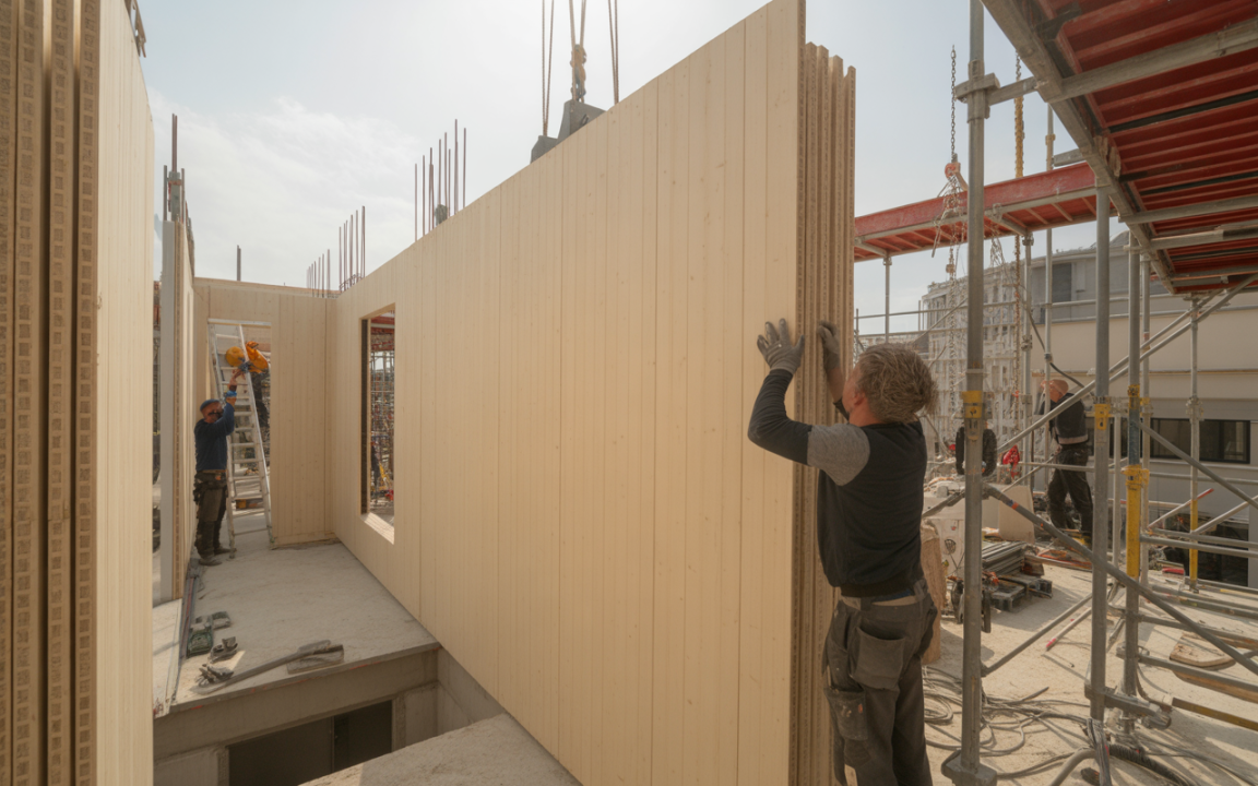 Construction en cours avec des travailleurs levant des panneaux en bois sur un site, échafaudages visibles et outils éparpillés.