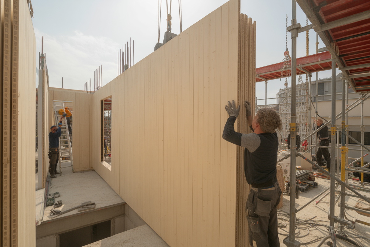 Construction en cours avec des travailleurs levant des panneaux en bois sur un site, échafaudages visibles et outils éparpillés.