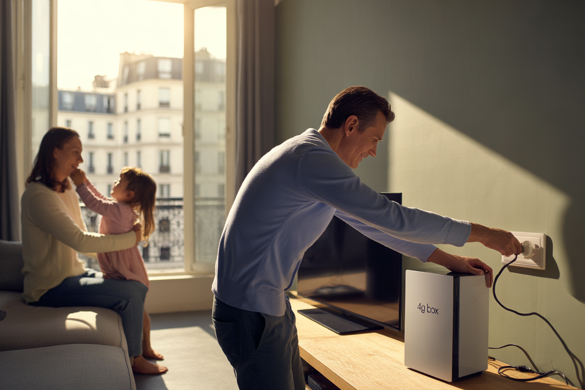 Un homme branche une box 4G sur un mur tandis qu'une femme et une petite fille jouent sur le canapé, dans un intérieur lumineux.