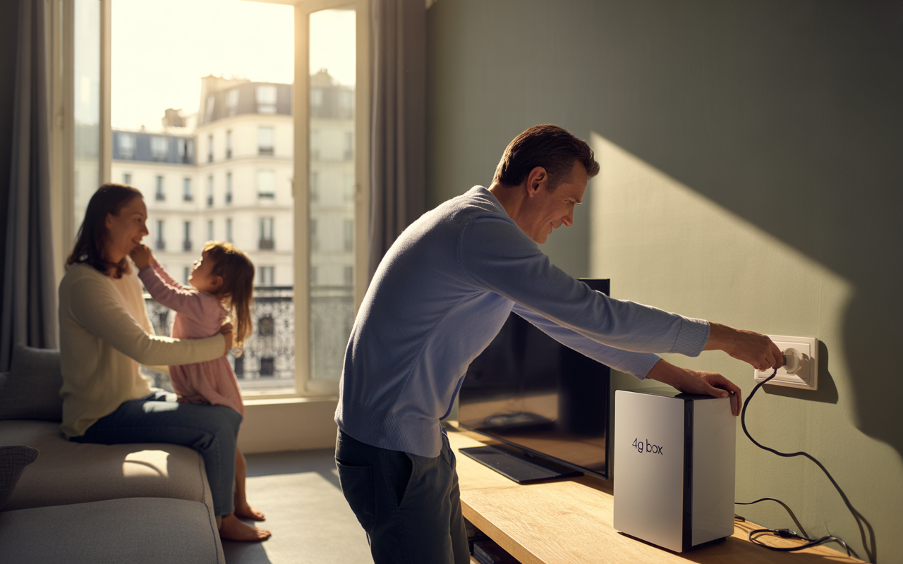Un homme branche une box 4G sur un mur tandis qu'une femme et une petite fille jouent sur le canapé, dans un intérieur lumineux.