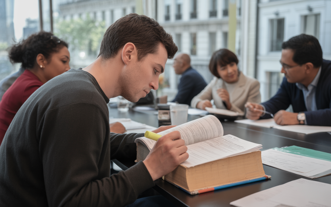 Un homme lit un livre épais avec un surligneur en groupe, des collègues discutent autour d'une table dans un bureau lumineux.