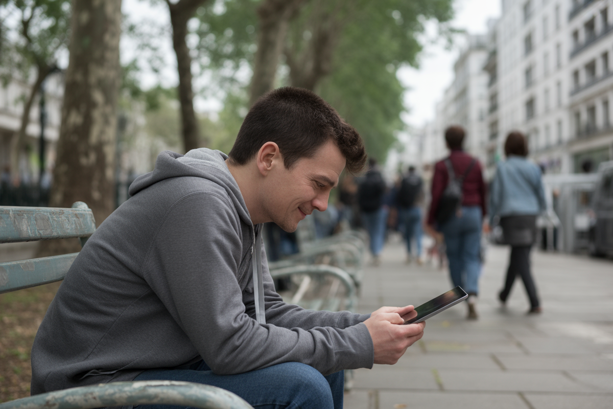 Un jeune homme assis sur un banc, souriant en utilisant une tablette, entouré de passants dans une rue arborée.