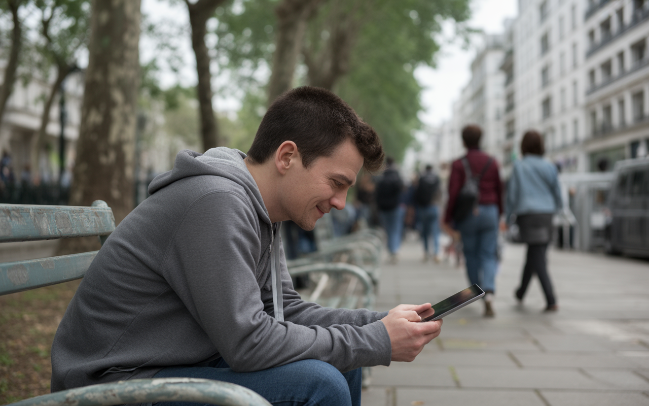 Un jeune homme assis sur un banc, souriant en utilisant une tablette, entouré de passants dans une rue arborée.