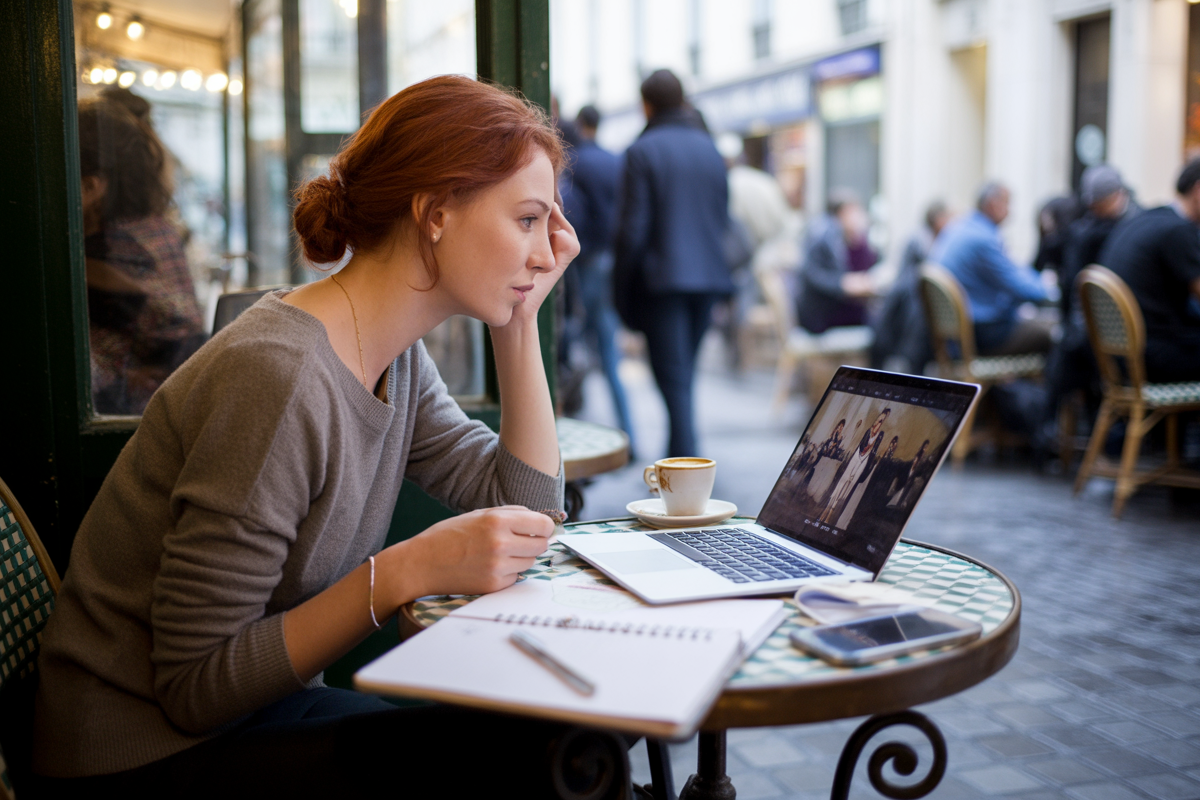 Femme aux cheveux roux travaillant sur un ordinateur portable en café, une tasse de café et un carnet devant elle.