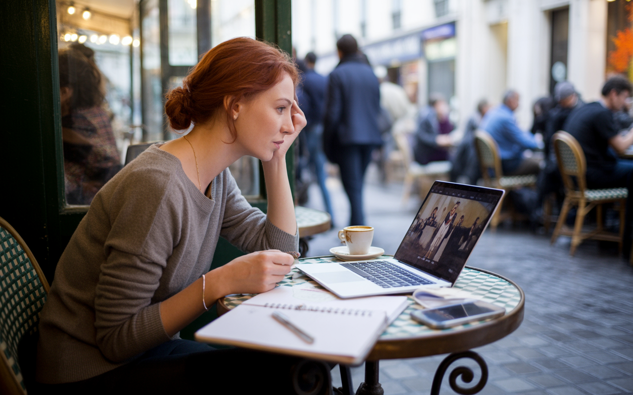 Femme aux cheveux roux travaillant sur un ordinateur portable en café, une tasse de café et un carnet devant elle.