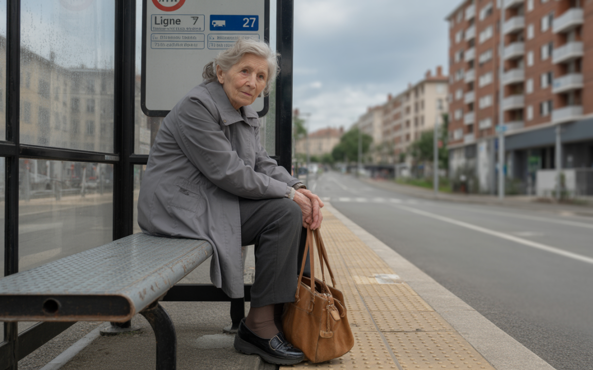 Une femme âgée attend à un arrêt de bus, portant un manteau gris et tenant un sac à main marron dans un quartier urbain.