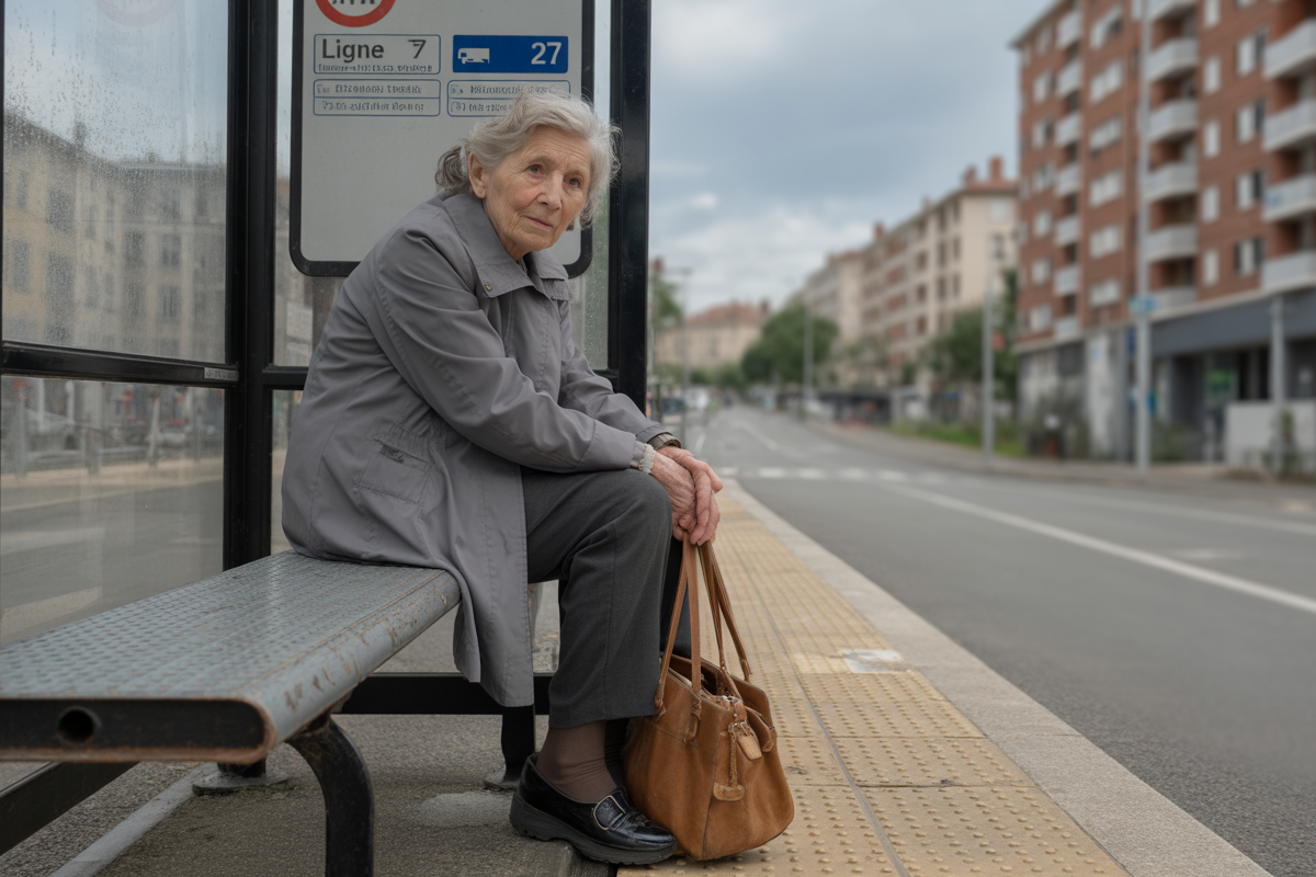 Une femme âgée attend à un arrêt de bus, portant un manteau gris et tenant un sac à main marron dans un quartier urbain.