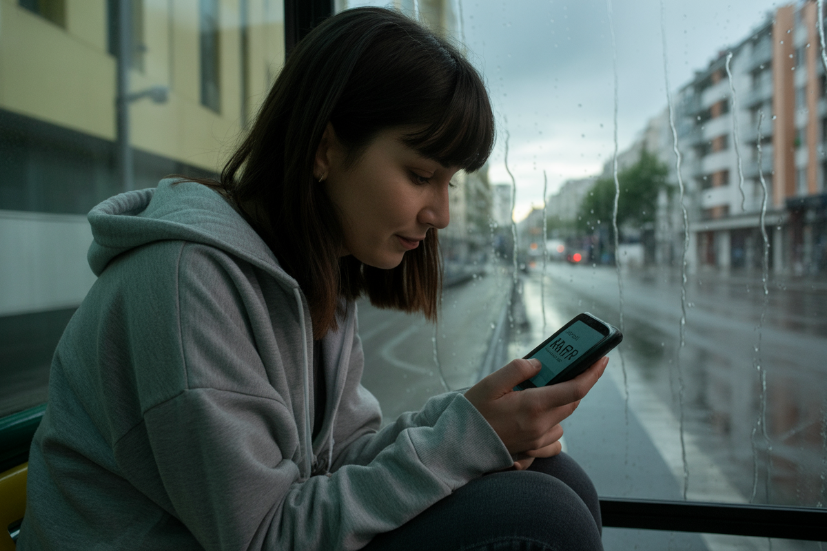 Jeune femme assise dans un bus, regardant son smartphone, fenêtres embuées par la pluie. Ville urbaine calme en arrière-plan.