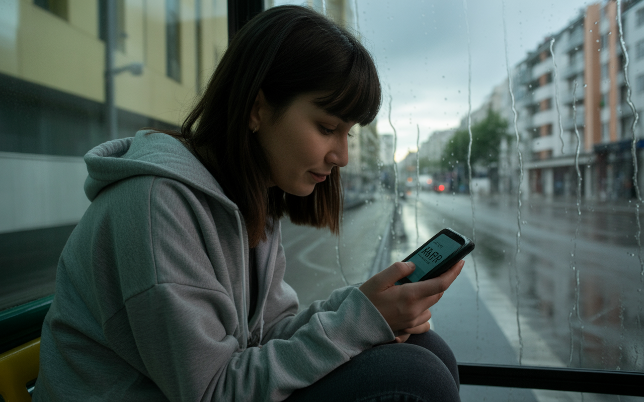 Jeune femme assise dans un bus, regardant son smartphone, fenêtres embuées par la pluie. Ville urbaine calme en arrière-plan.