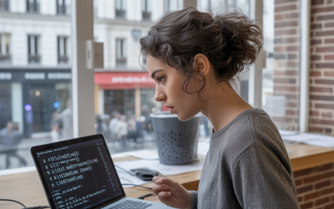 Une jeune femme concentrée, assise devant un ordinateur portable, examine des lignes de code, avec une vue sur la rue à l'extérieur.