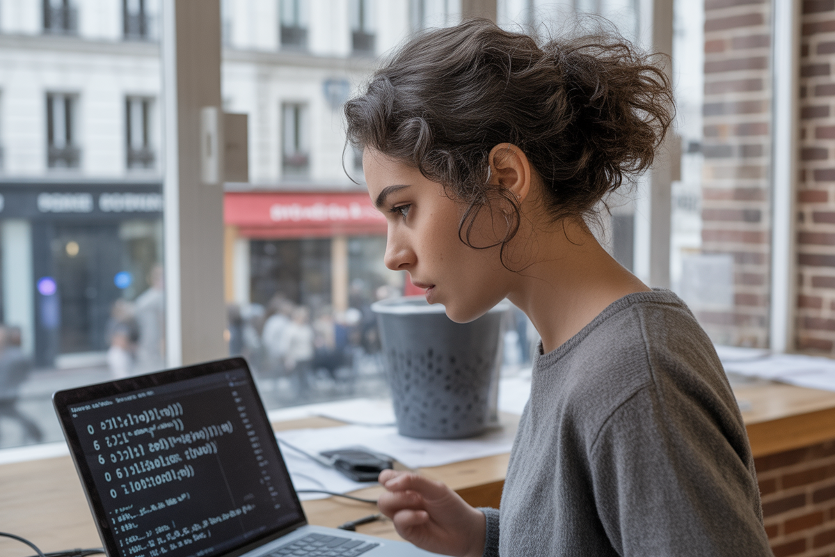 Une jeune femme concentrée, assise devant un ordinateur portable, examine des lignes de code, avec une vue sur la rue à l'extérieur.