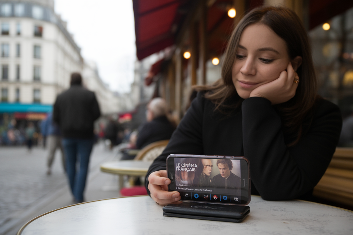 Femme regardant un smartphone affichant "Le cinéma français" dans un café, avec des passants flous en arrière-plan.
