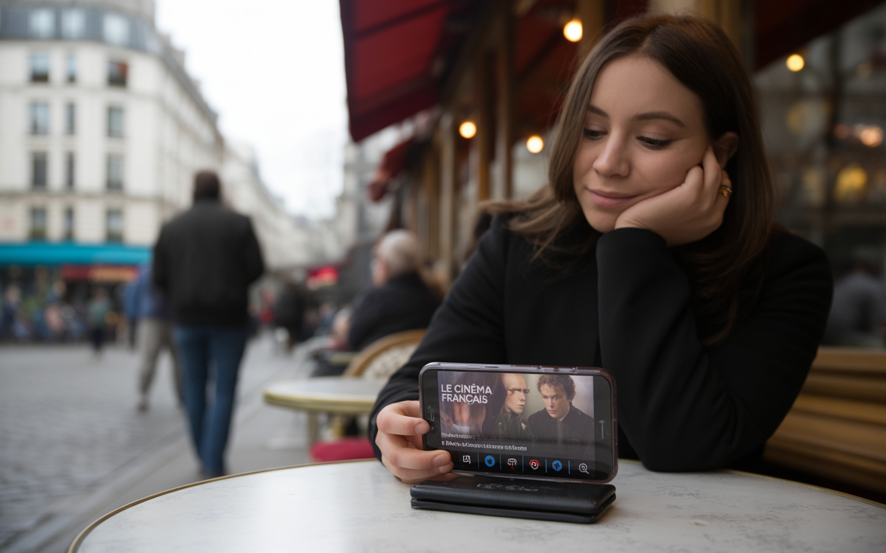 Femme regardant un smartphone affichant "Le cinéma français" dans un café, avec des passants flous en arrière-plan.