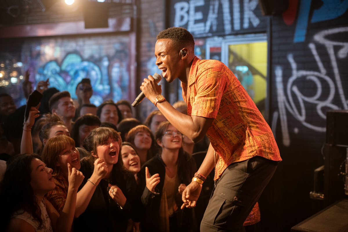 Un chanteur performe sur scène, entouré d'une foule enthousiaste qui chante et applaudit, dans un cadre coloré et artistique.