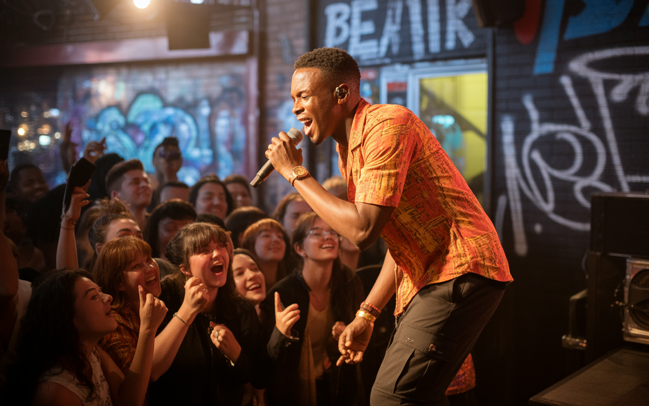 Un chanteur performe sur scène, entouré d'une foule enthousiaste qui chante et applaudit, dans un cadre coloré et artistique.