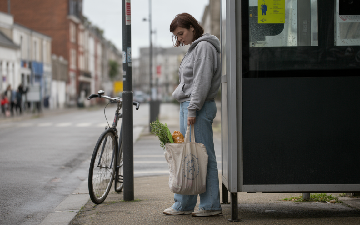 Une jeune femme attend près d'un abribus, tenant un sac en toile avec des légumes, à côté d'un vélo.