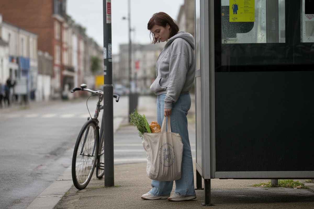 Une jeune femme attend près d'un abribus, tenant un sac en toile avec des légumes, à côté d'un vélo.