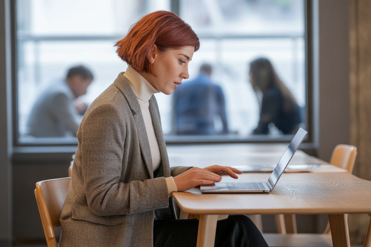 Femme à la chevelure rouge, concentrée sur un ordinateur portable, assise à une table dans un café moderne.