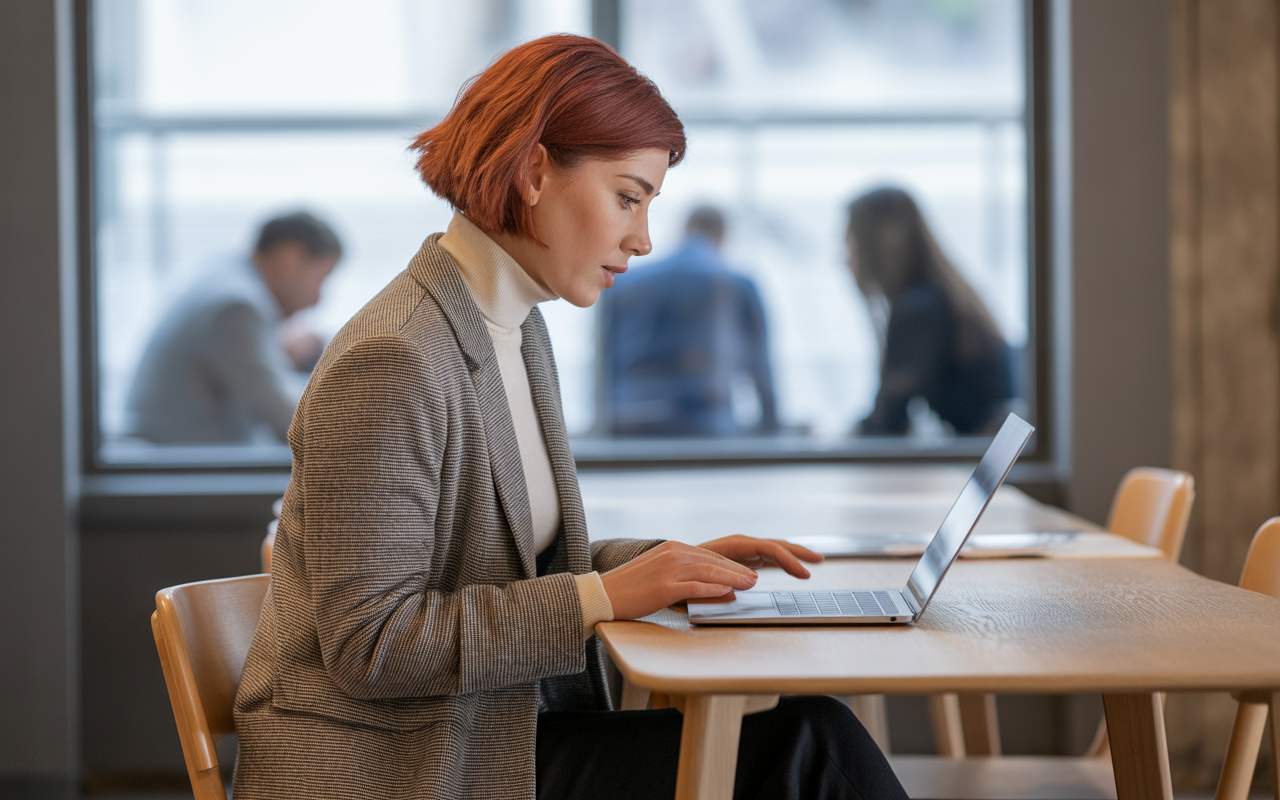 Femme à la chevelure rouge, concentrée sur un ordinateur portable, assise à une table dans un café moderne.