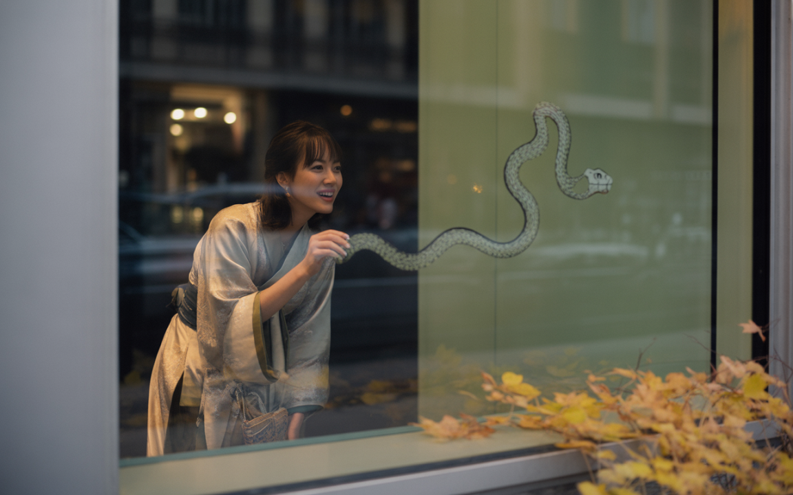 Femme en kimono souriante, dessin de serpent sur la vitre, automne avec des feuilles jaunes au premier plan.