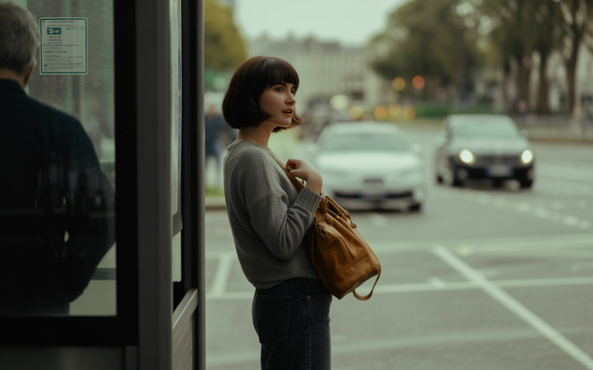 Femme au pull gris avec un sac à main marron, attendant près d'une station de bus en milieu urbain. voitures en arrière-plan.
