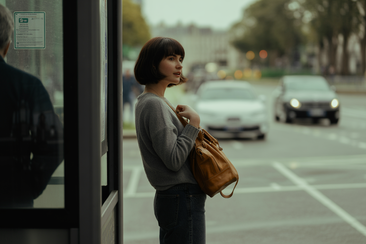 Femme au pull gris avec un sac à main marron, attendant près d'une station de bus en milieu urbain. voitures en arrière-plan.
