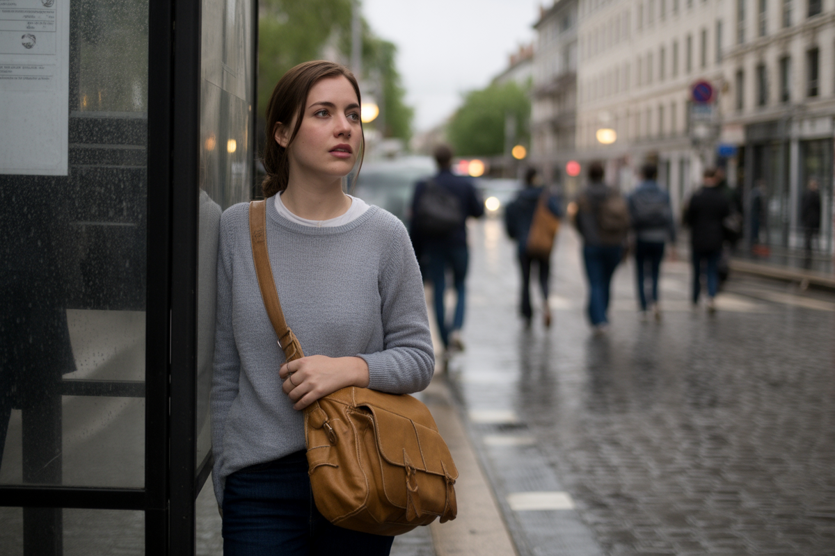 Une femme attend à un arrêt de bus, vêtue d'un pull gris, un sac en bandoulière. Il pleut légèrement en arrière-plan.