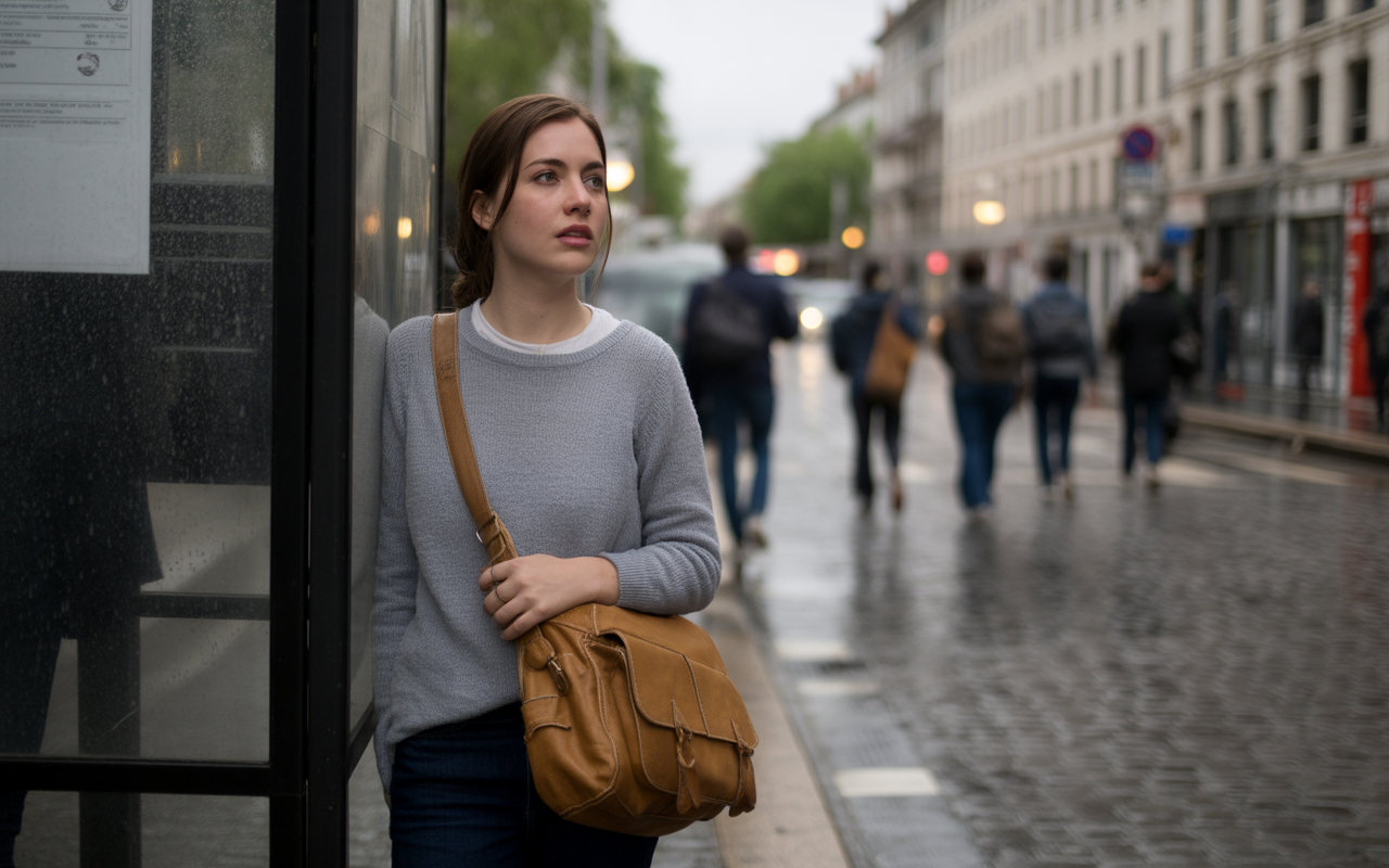 Une femme attend à un arrêt de bus, vêtue d'un pull gris, un sac en bandoulière. Il pleut légèrement en arrière-plan.
