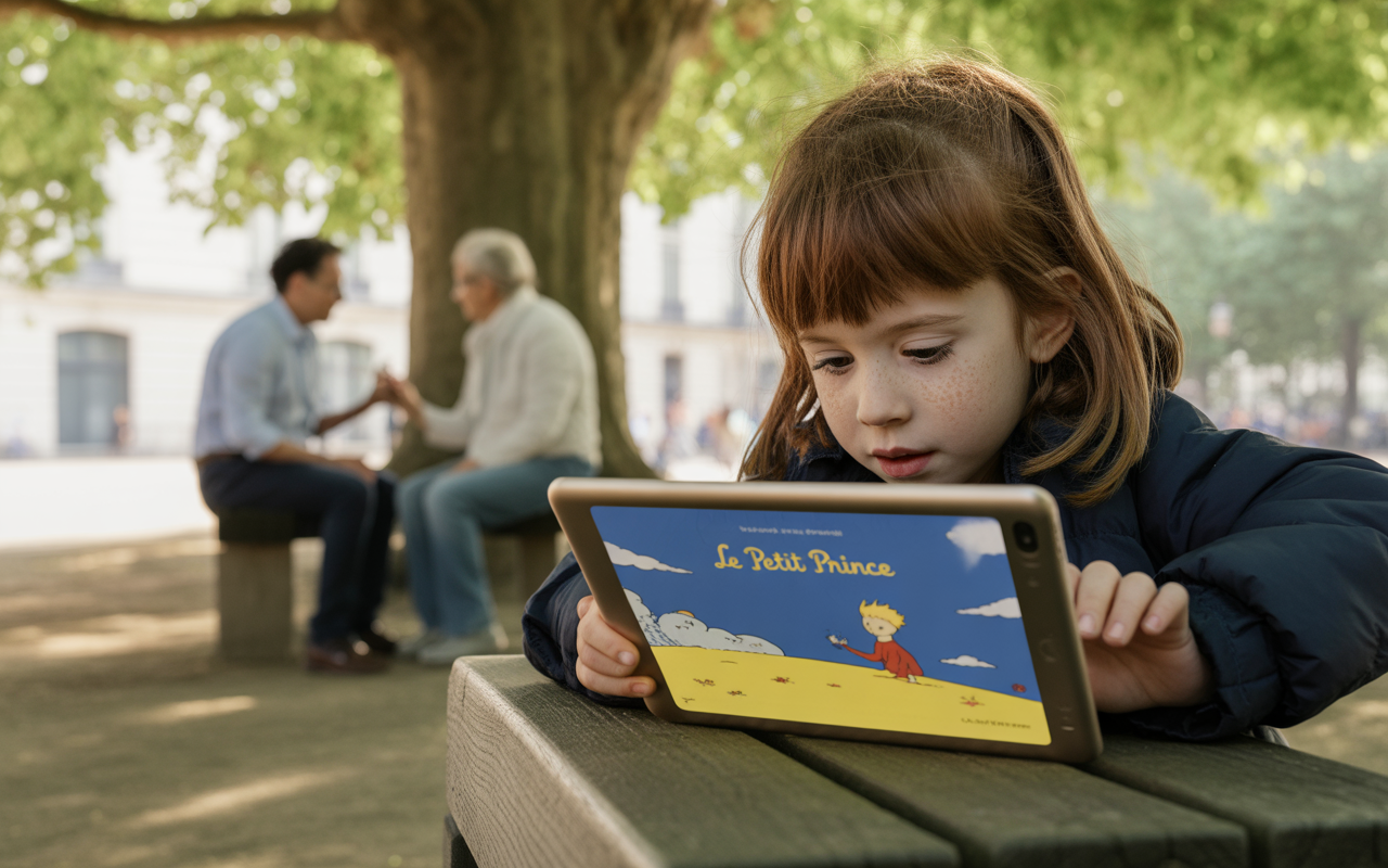 Une jeune fille lit "Le Petit Prince" sur une tablette, assise à une table près d'un arbre, des adultes discutent en arrière-plan.