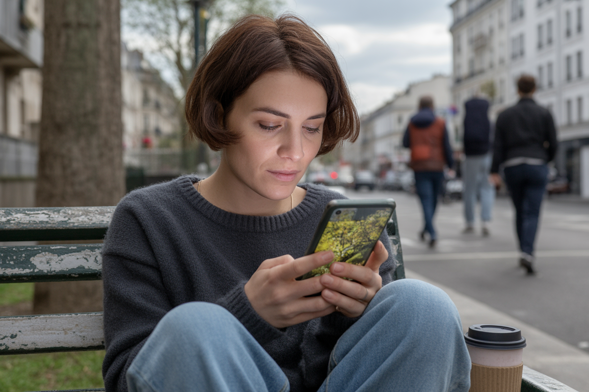 Une femme assise sur un banc, regardant son téléphone, avec un café à emporter à côté d'elle, en milieu urbain.