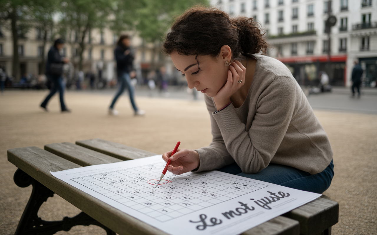 Une jeune femme assise sur un banc, réfléchissant en écrivant avec un stylo rouge sur une grande grille.
