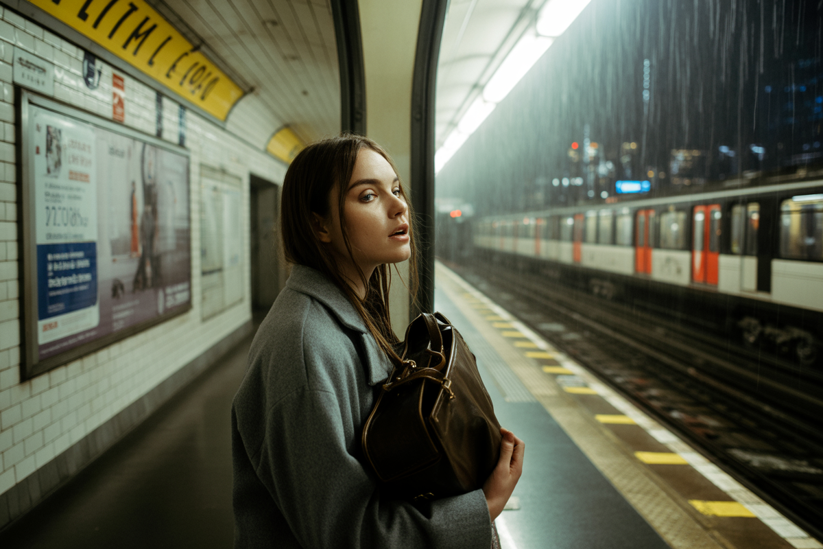 Femme au stationnement de métro sous la pluie, regard pensif, portant un manteau gris et un sac, train en arrière-plan.