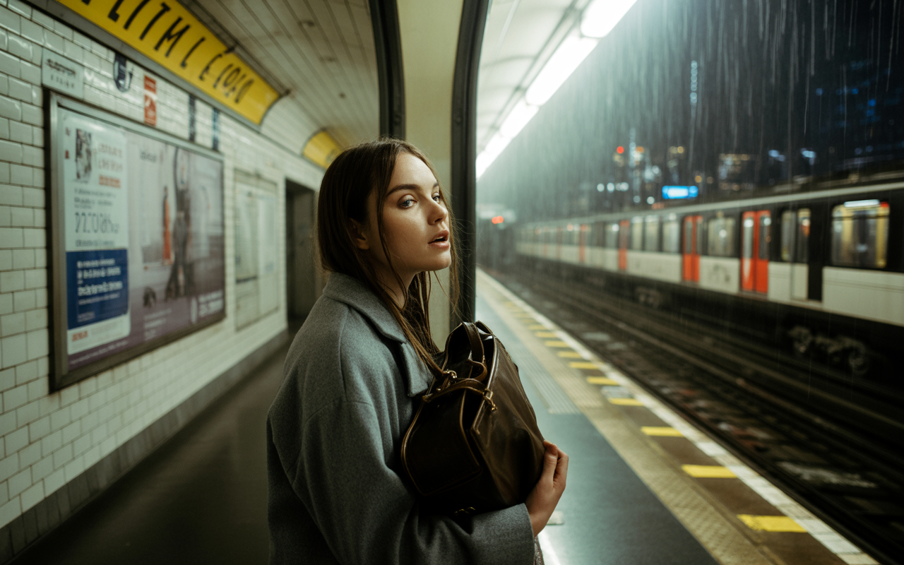 Femme au stationnement de métro sous la pluie, regard pensif, portant un manteau gris et un sac, train en arrière-plan.