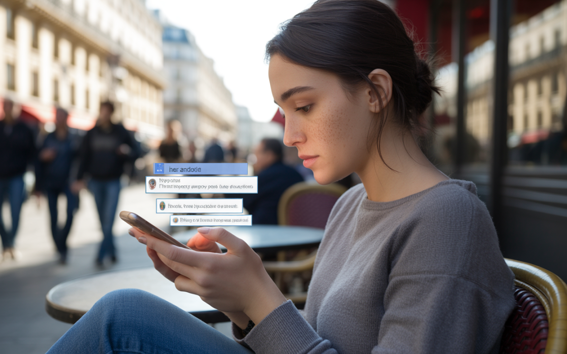 Jeune femme brune, concentrée sur son téléphone, avec des messages visibles à l'écran, assise dans un café parisien animé.
