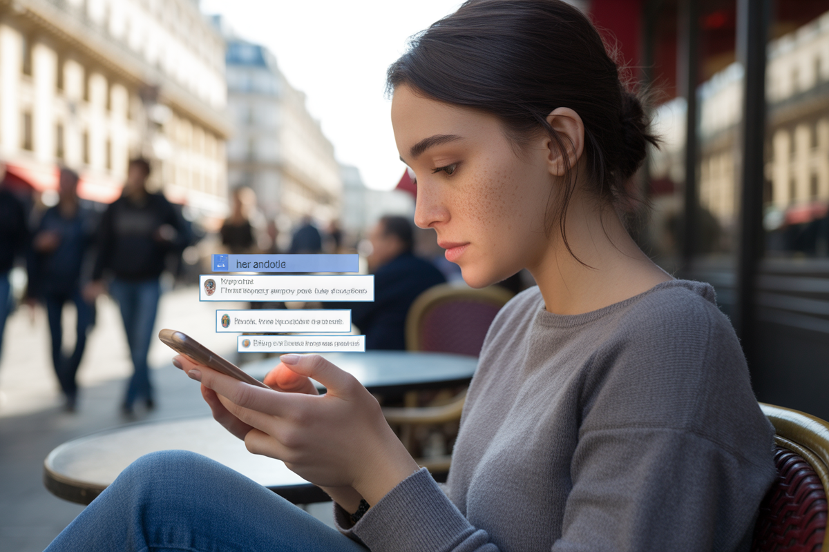 Jeune femme brune, concentrée sur son téléphone, avec des messages visibles à l'écran, assise dans un café parisien animé.