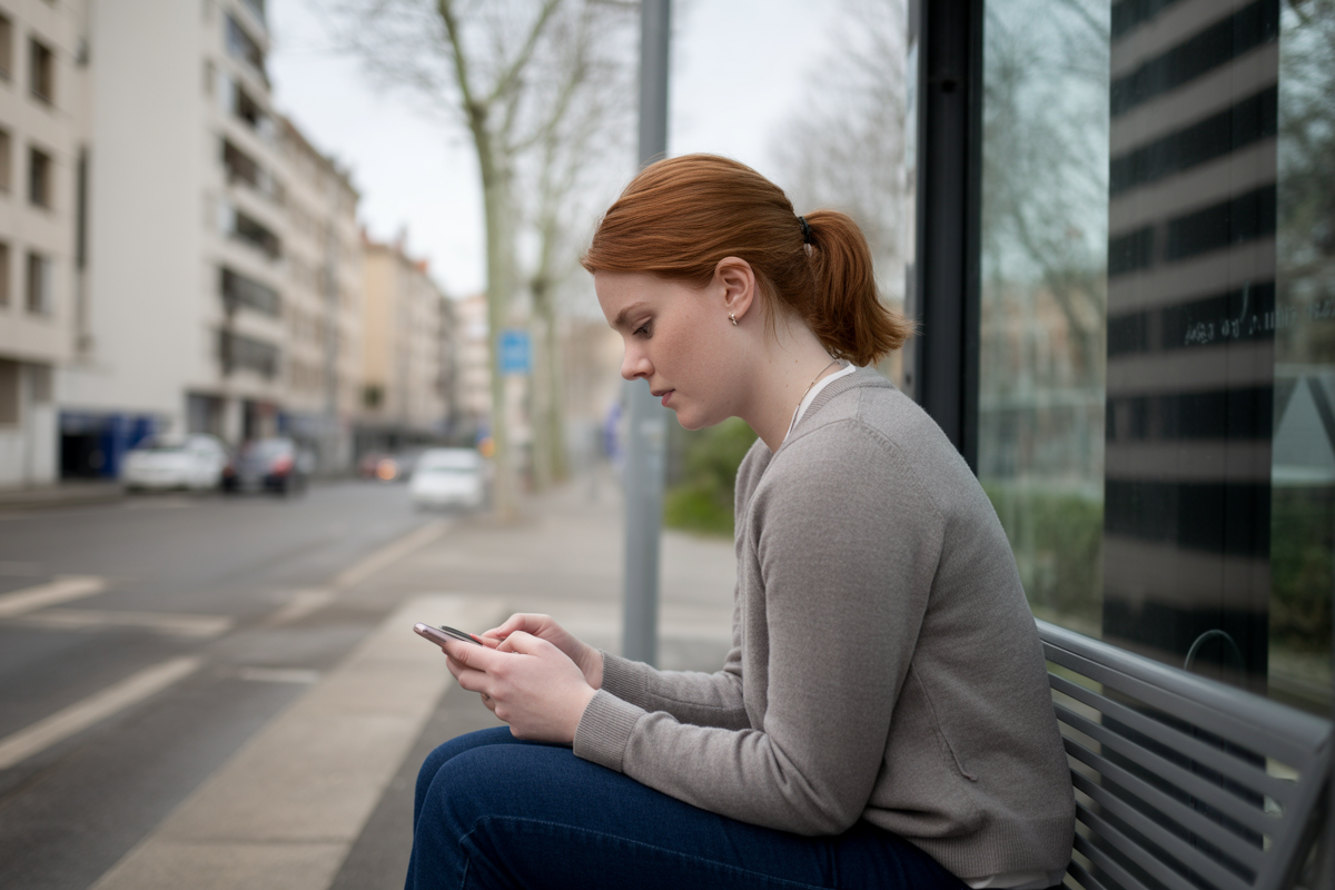 Une jeune femme assise à un arrêt de bus, concentrée sur son téléphone, avec des immeubles en arrière-plan.