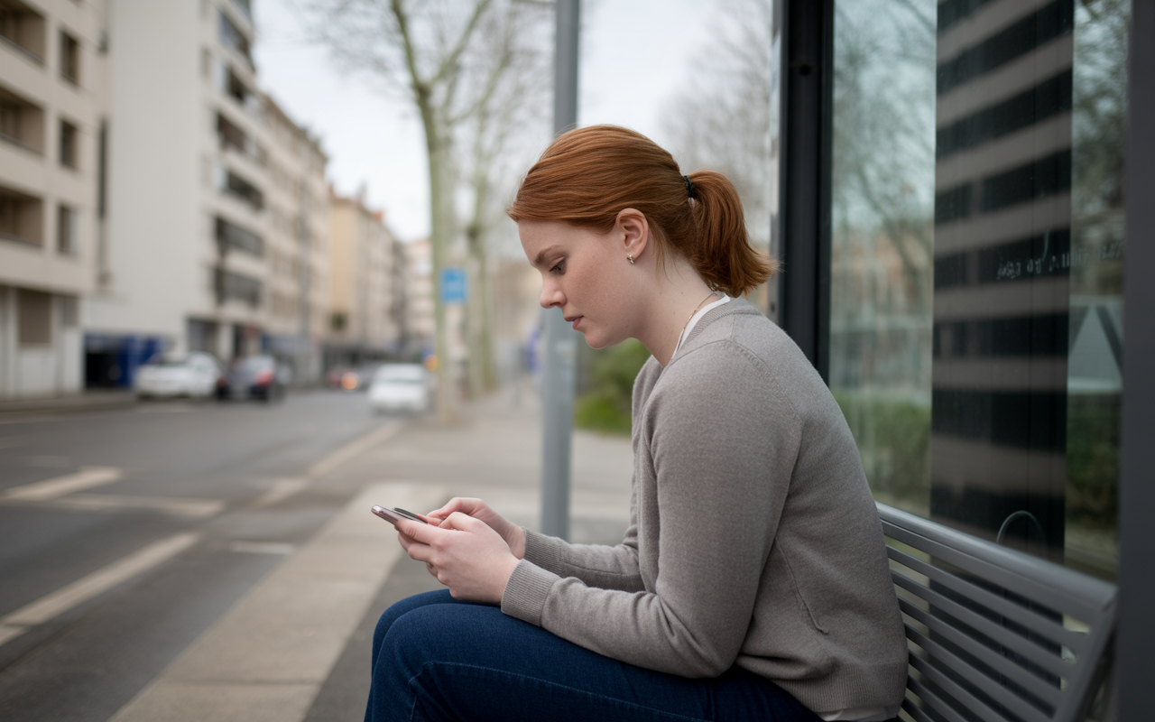 Une jeune femme assise à un arrêt de bus, concentrée sur son téléphone, avec des immeubles en arrière-plan.