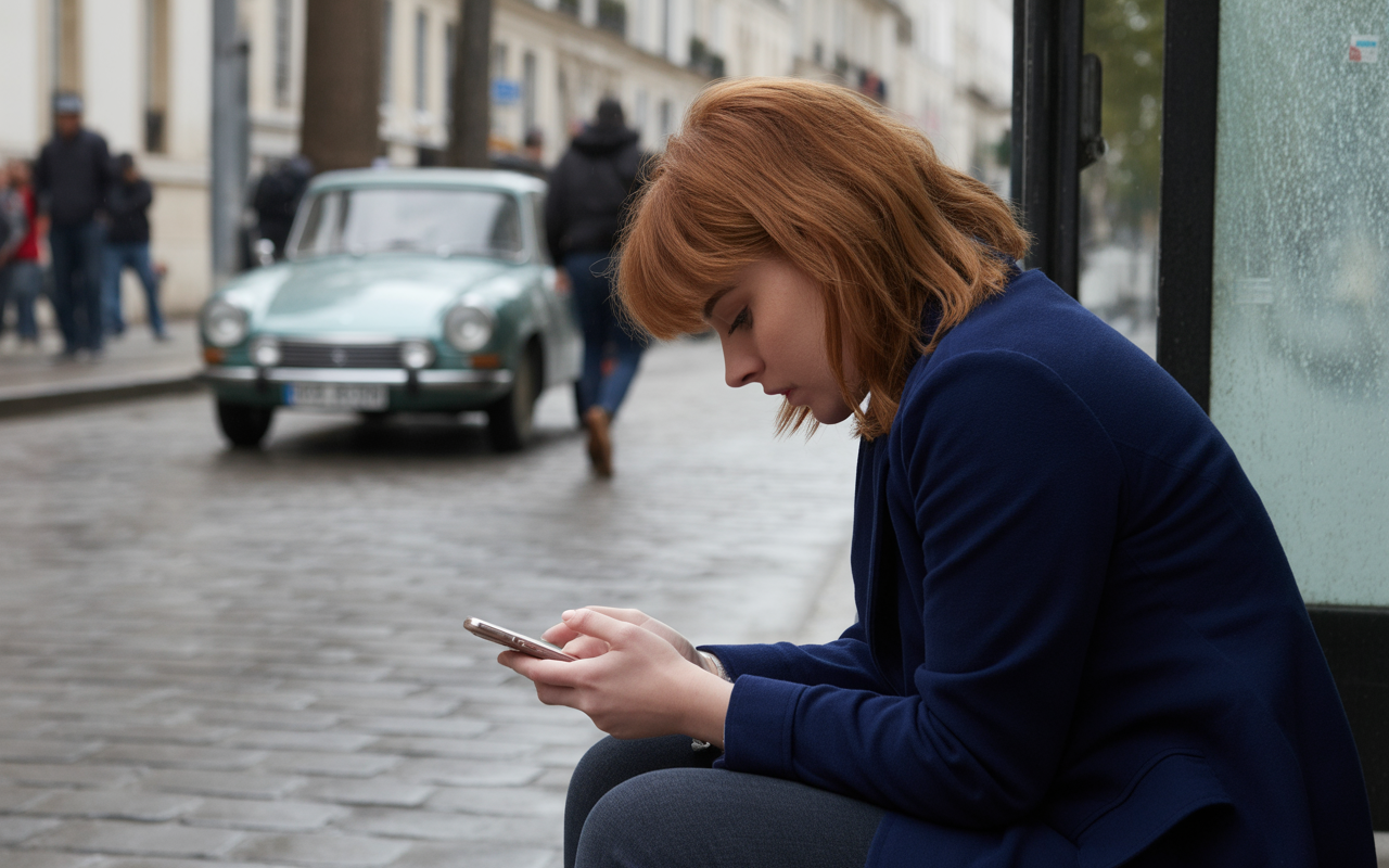 Une femme aux cheveux roux consulte son smartphone assise à un arrêt de bus, avec une voiture vintage en arrière-plan.