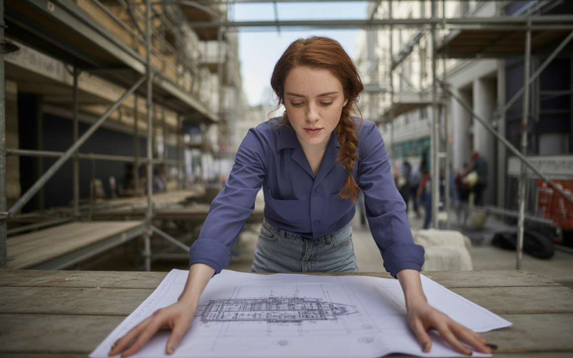 Femme brune étudie des plans architecturaux sur une table, en arrière-plan un chantier de construction avec échafaudages.