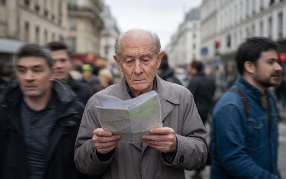 Un homme âgé regarde une carte au milieu d'une rue animée, entouré de passants flous, sous un ciel nuageux.